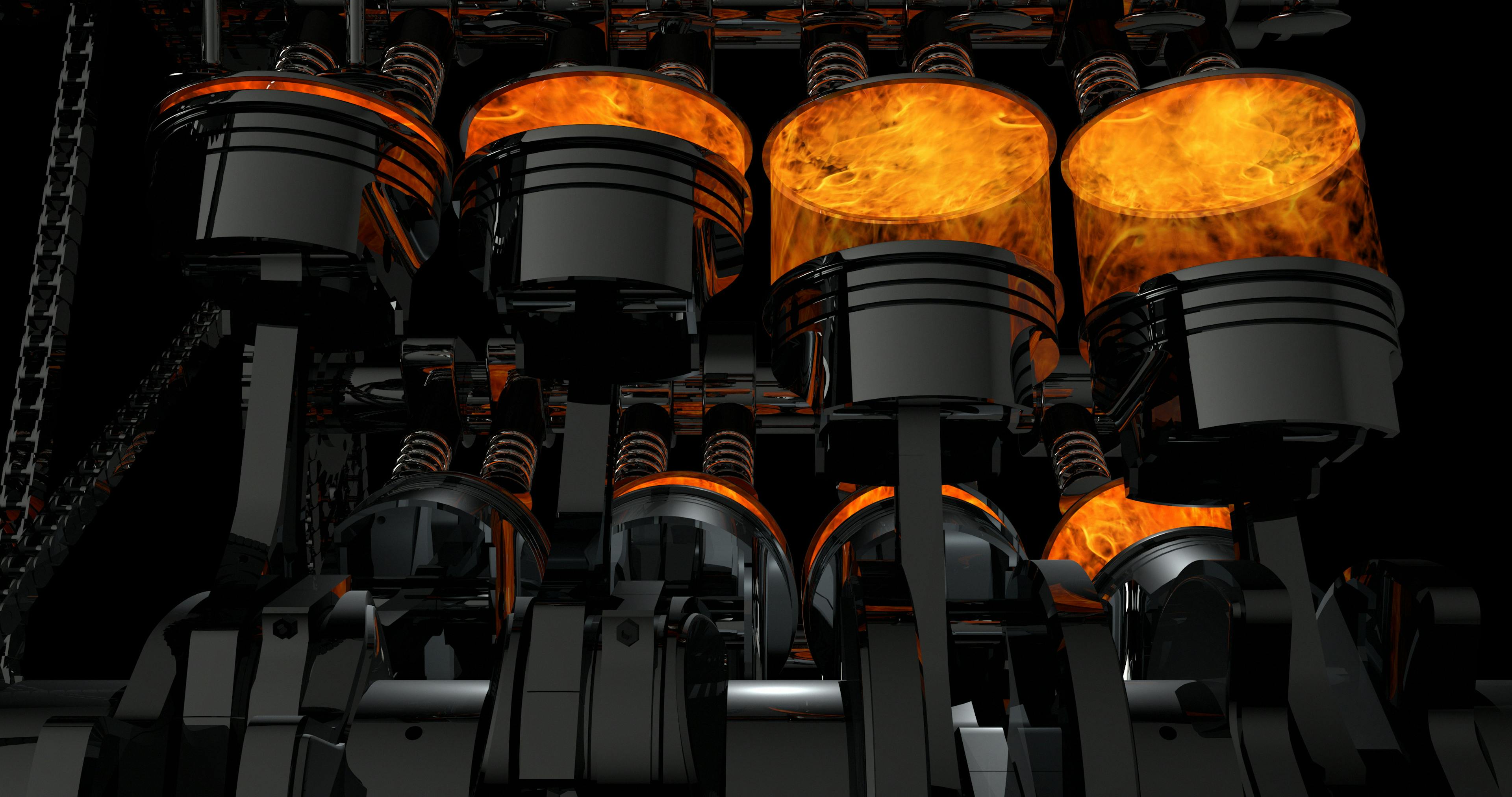 Modelo 3D de un motor V8 en funcionamiento. Los pistones y otras partes mecánicas están en movimiento.